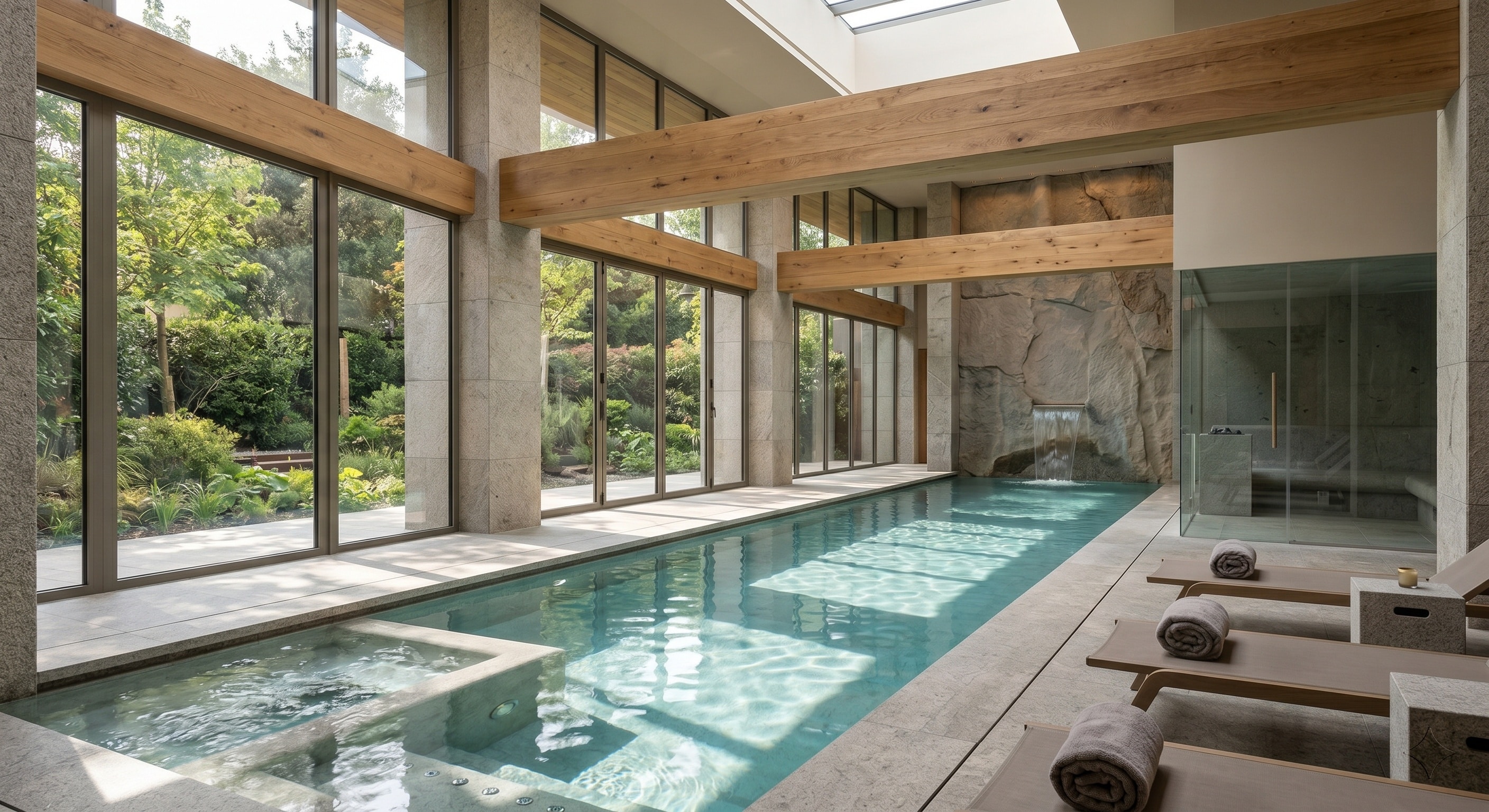 Grande piscine intérieure privée en pierre de Bali baignée de lumière naturelle, avec vue sur un jardin zen et poutres en bois apparentes