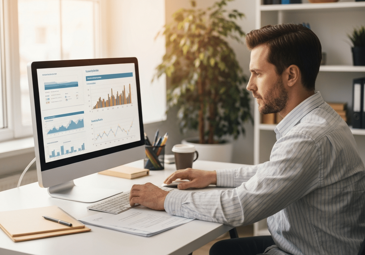 Entrepreneur consulte son tableau de bord de données sur un écran moderne, bureau lumineux et professionnel, symboles de sécurité informatique visible