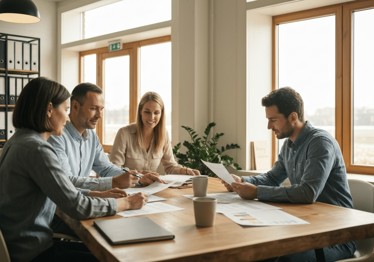 Petite équipe TPE collaborant dans un bureau lumineux, échanges authentiques autour d'une table