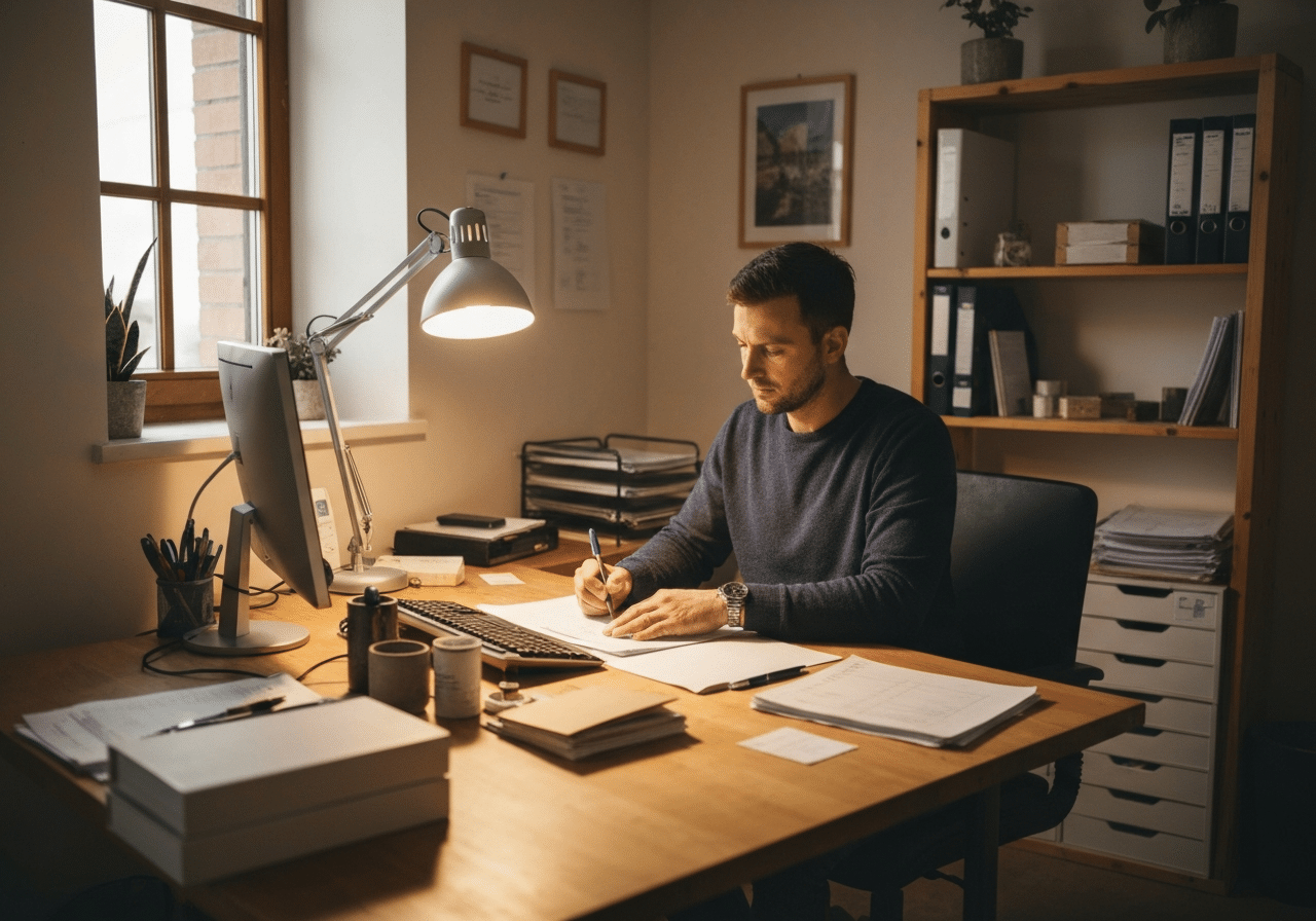 Entrepreneur concentré à son poste de travail dans un environnement artisanal et lumineux
