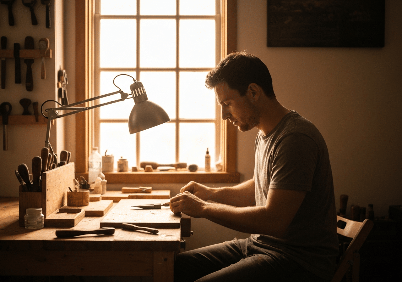 Artisan au travail dans son atelier, éclairé par la lumière naturelle d'une fenêtre