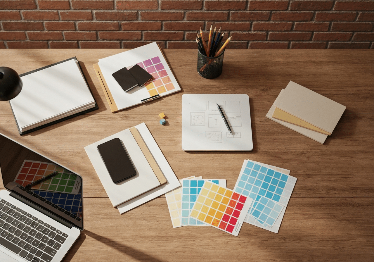 Espace de travail créatif avec outils design et lumière naturelle douce