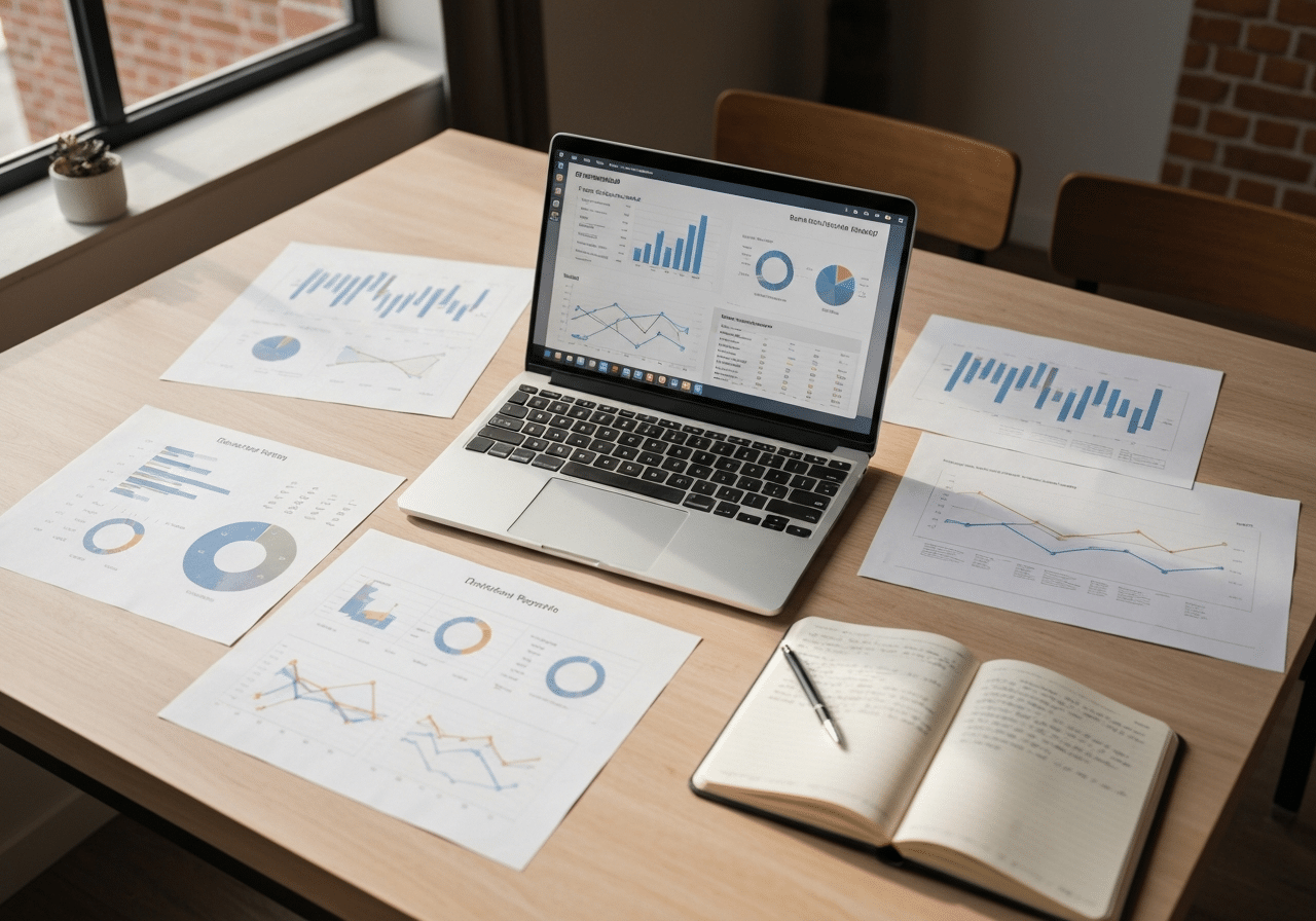 Espace de travail avec rapports analytiques et laptop affichant données de campagne
