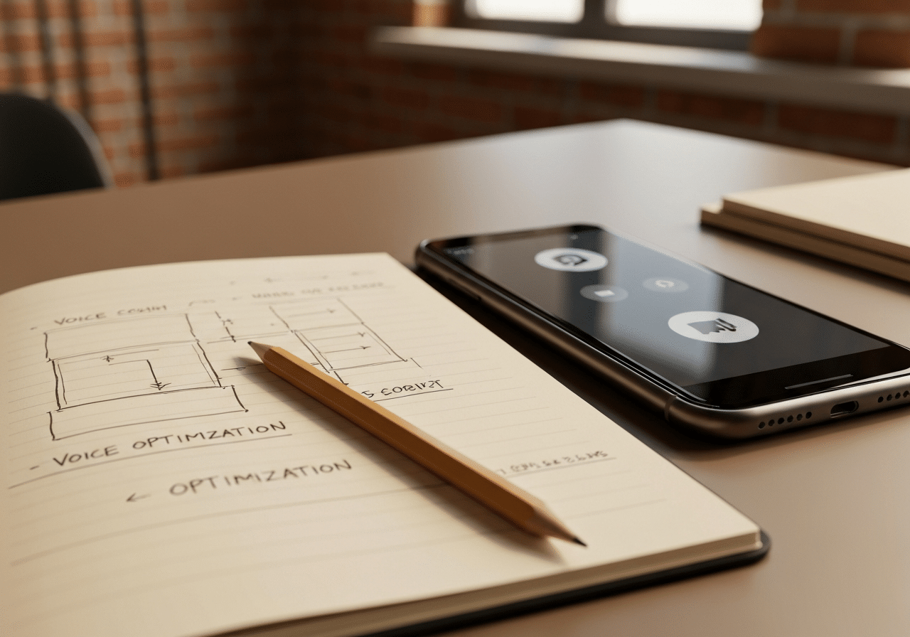Carnet de croquis avec notes de conception et smartphone affichant une interface d'assistant vocal