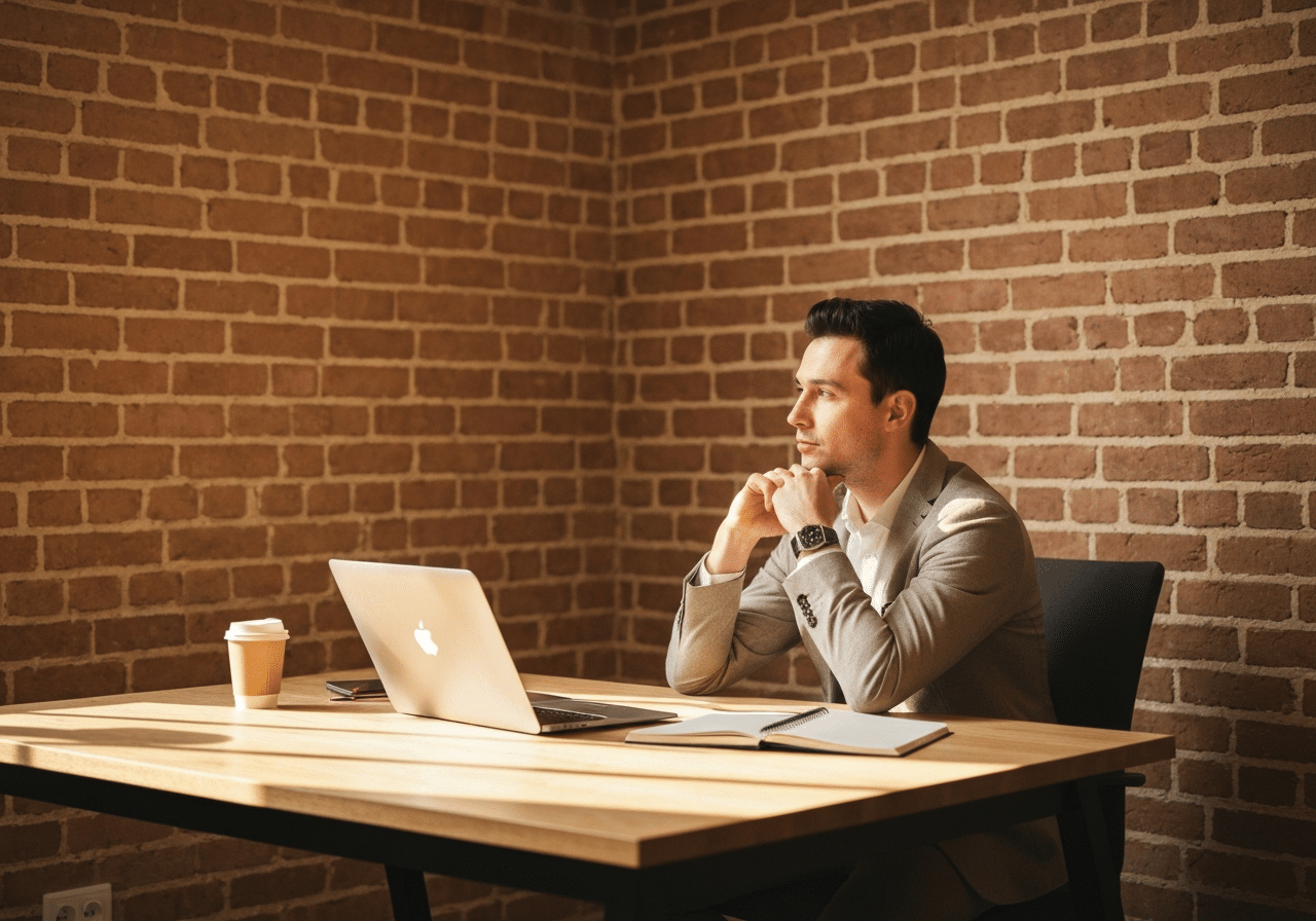 Professionnel en réflexion devant son écran dans un bureau lumineux aux murs en brique.