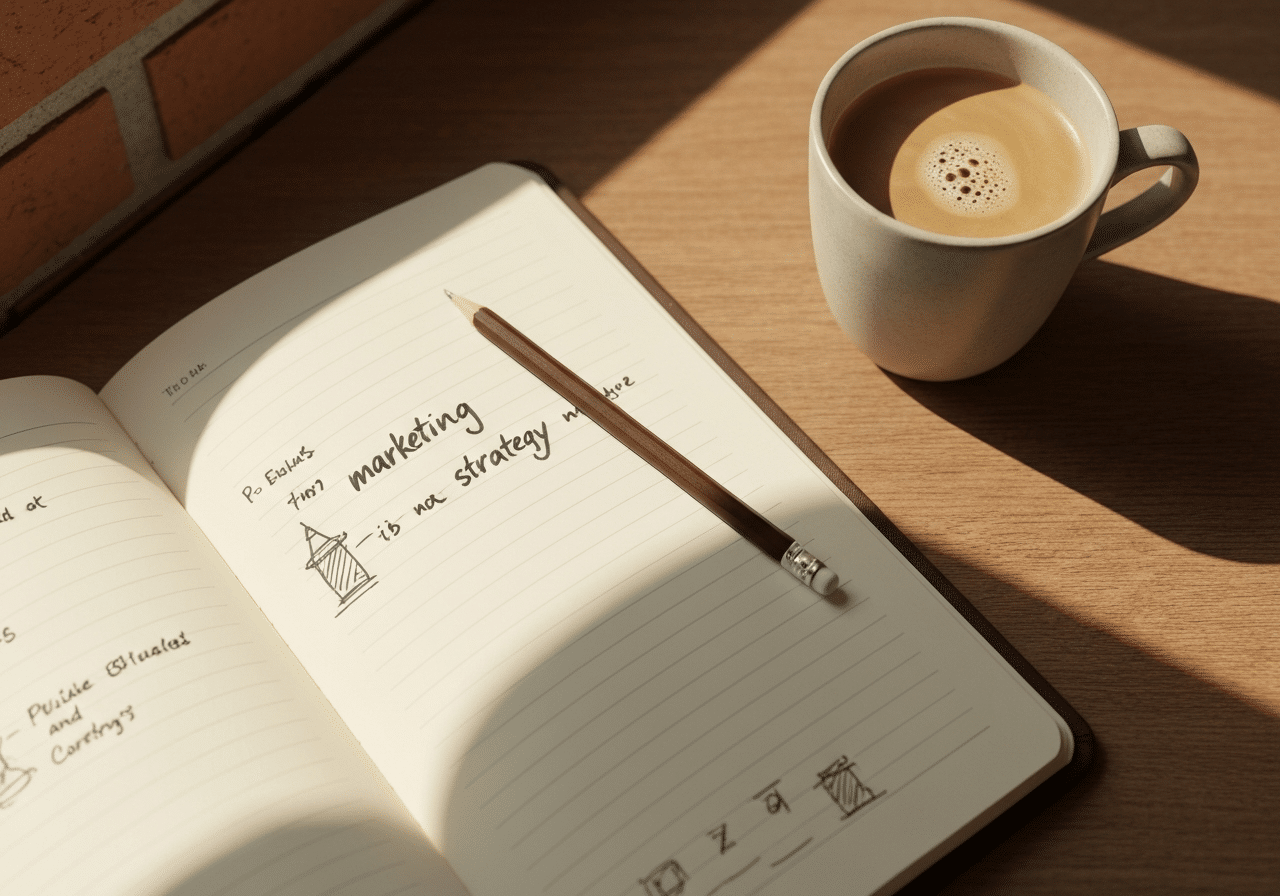 Bloc-notes ouvert avec notes manuscrites et tasse de café, lumière naturelle matinale douce