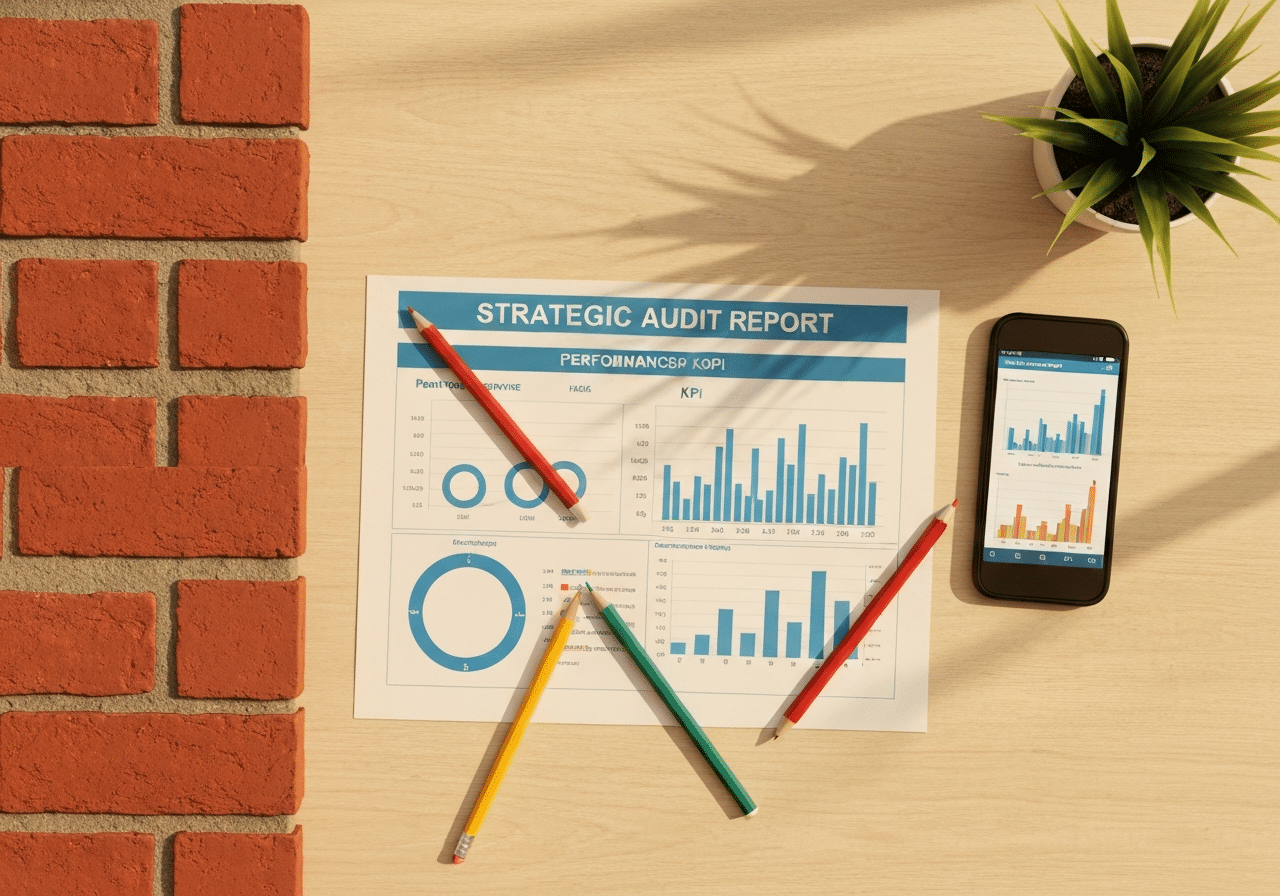Rapport d'audit digital avec métriques, smartphone et notes colorées sur bureau avec lumière chaleureuse.