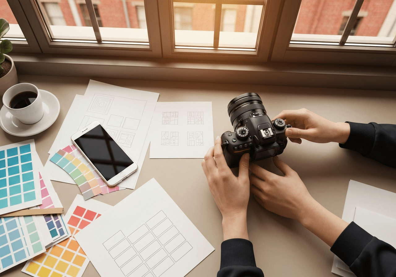 Espace créatif avec smartphone et appareil photo professionnel, lumière naturelle, mains au travail