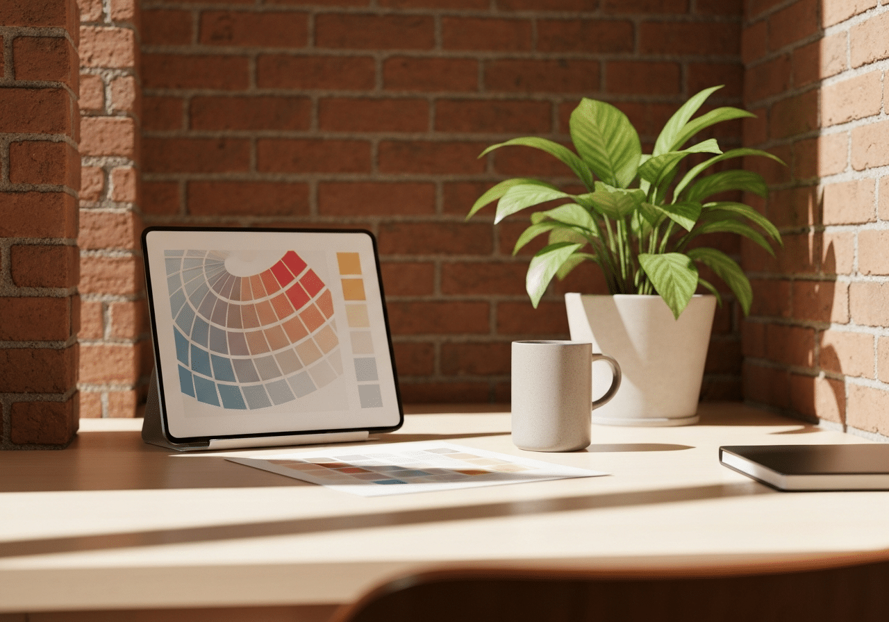 Espace de travail créatif bien éclairé avec palette de couleurs, café et plante verte sur un bureau en brique rouge.