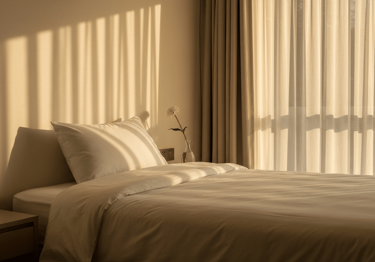 Chambre d'hôtel minimaliste baignée de lumière dorée, lit blanc et ambiance calme et accueillante.
