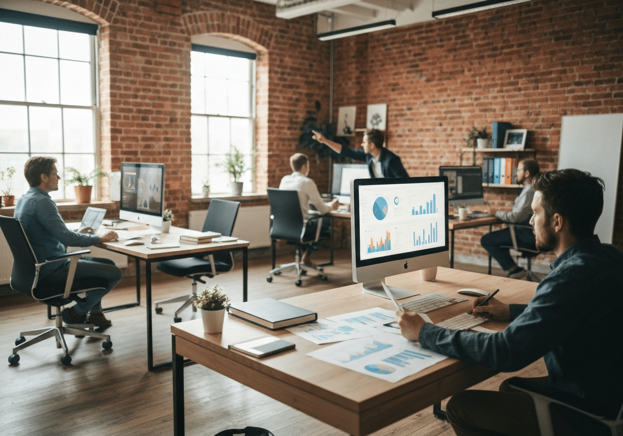 Team collaborates on website performance recovery in a bright, brick-lined agency workspace with data displays.