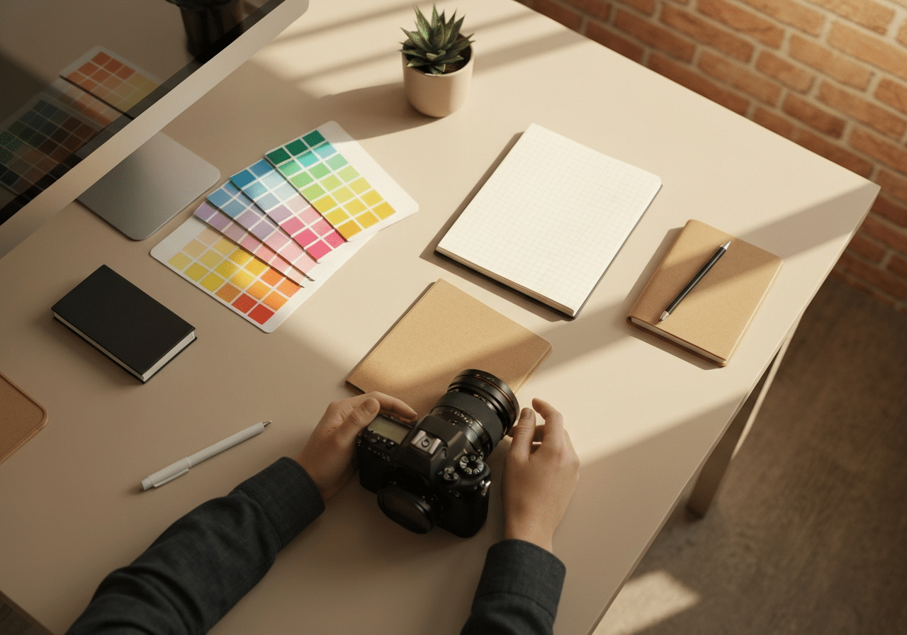 Palette de couleurs et outils de designer sur un bureau bien éclairé, ambiance agence créative locale