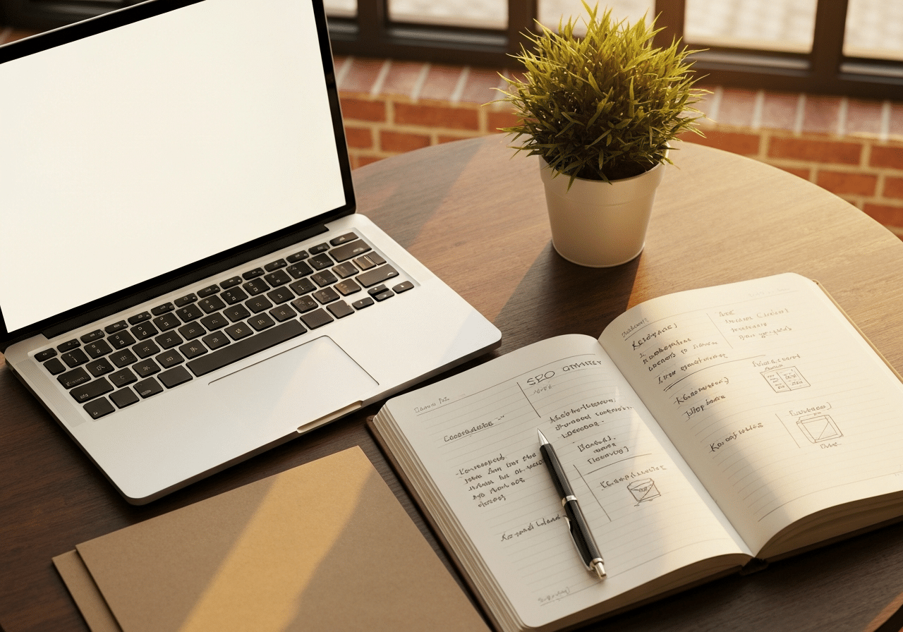 Stratégie SEO manuscrite et laptop, espace de travail lumineux et collaboratif d'une agence.