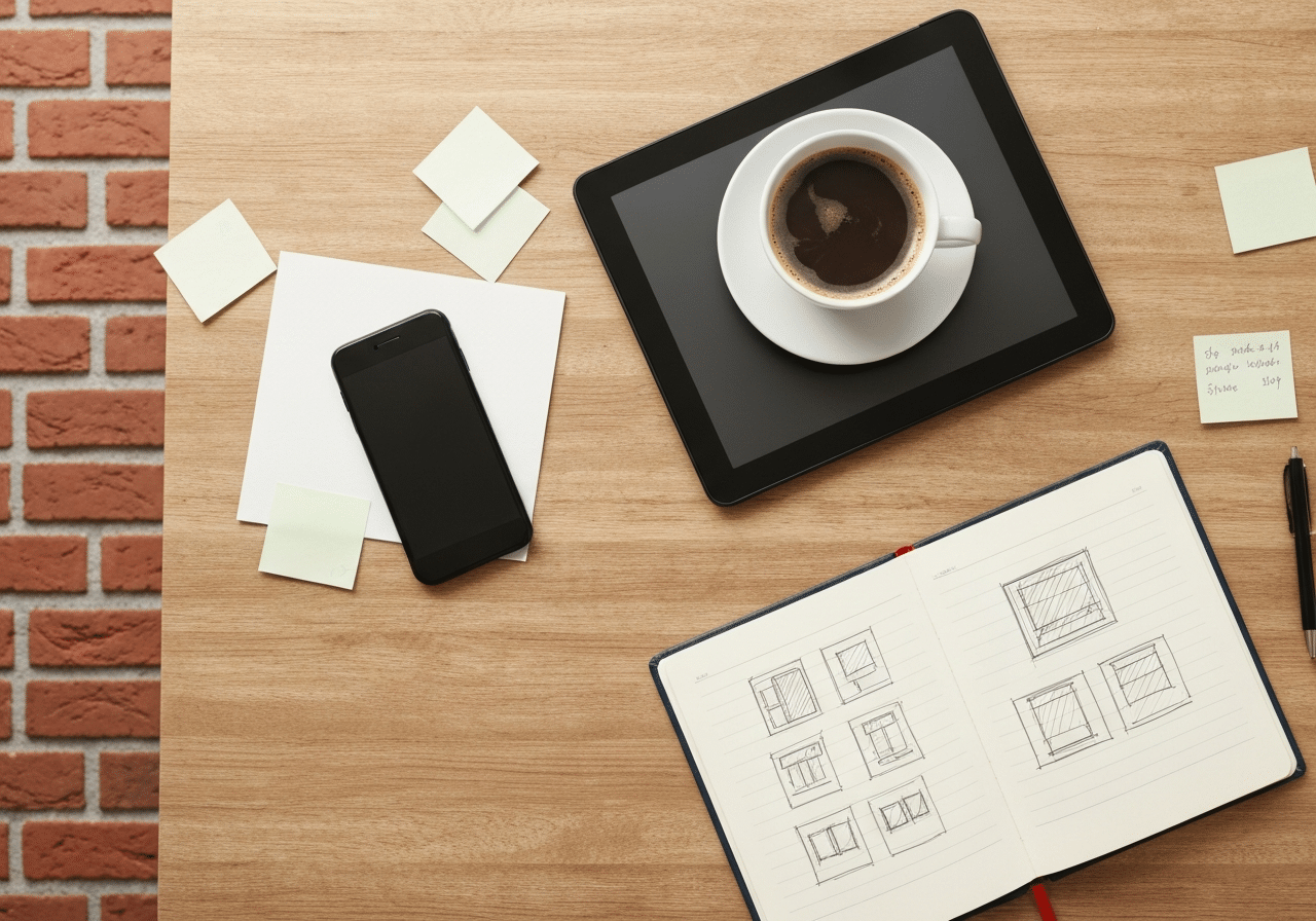 Plan de travail d'agence digitale : smartphone, tablet et café près de croquis, lumière naturelle chaleureuse du Nord.