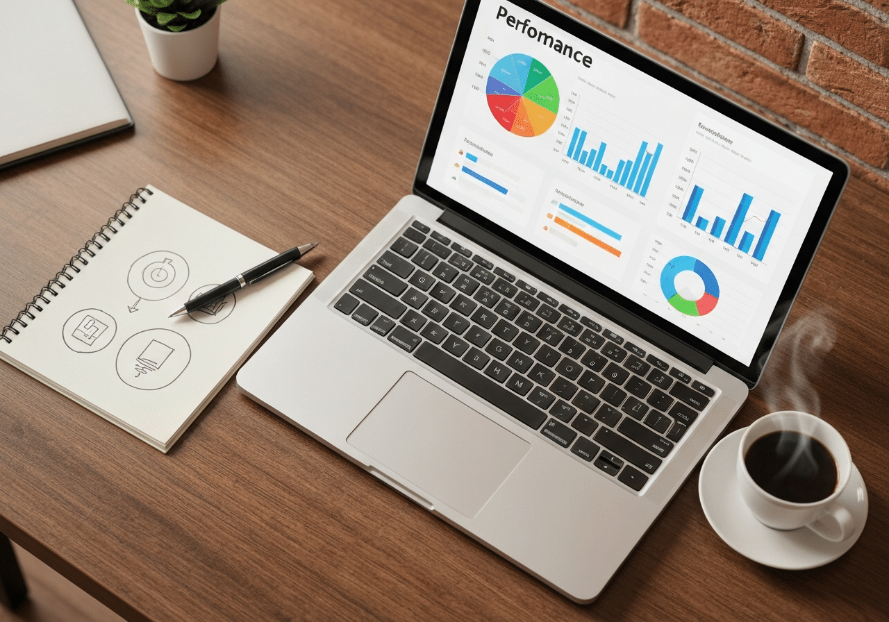 Ordinateur portable affichant des graphiques de performance avec café et notes d'optimisation sur bureau chaleureux.