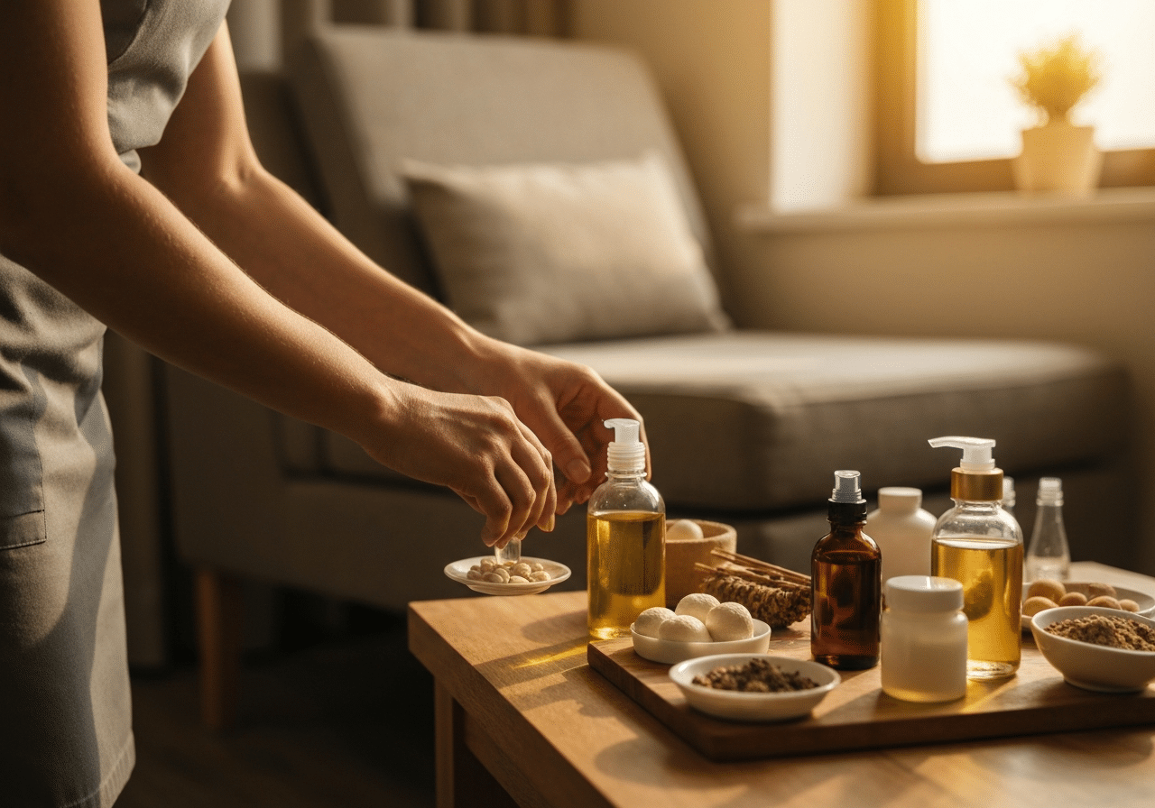 Préparation spa : mains professionnelles arrange produits de bien-être, lumière dorée naturelle
