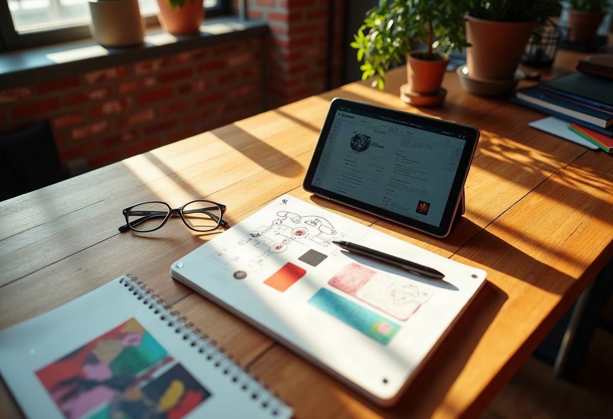 Vue de dessus d'un espace de travail créatif avec tablette, croquis de flux utilisateur et nuanciers de couleurs.