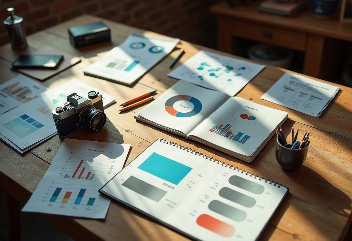 Espace de travail créatif vue du dessus : rapports, palettes couleur, carnets de stratégie, lumière naturelle douce