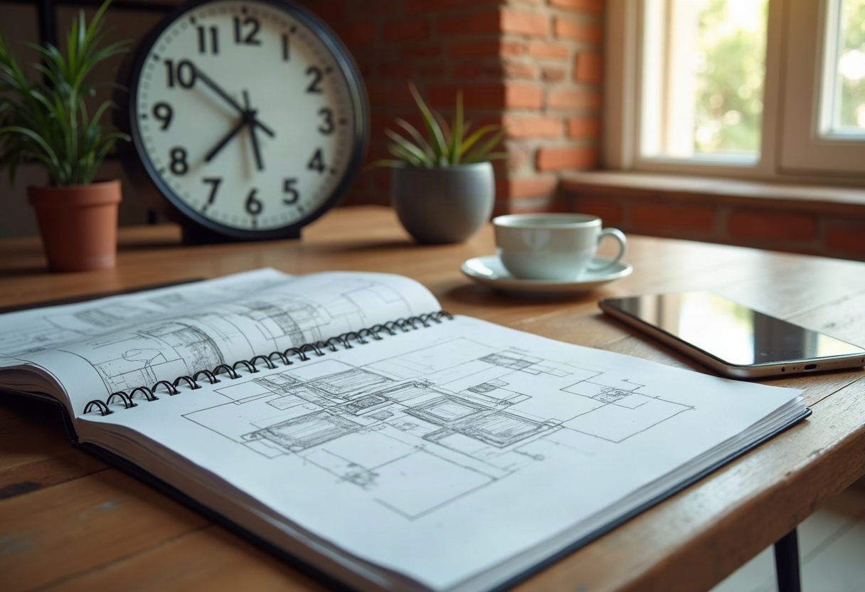 Esquisse de wireframes, crayon et horloge sur un carnet, lumière naturelle d'atelier créatif.