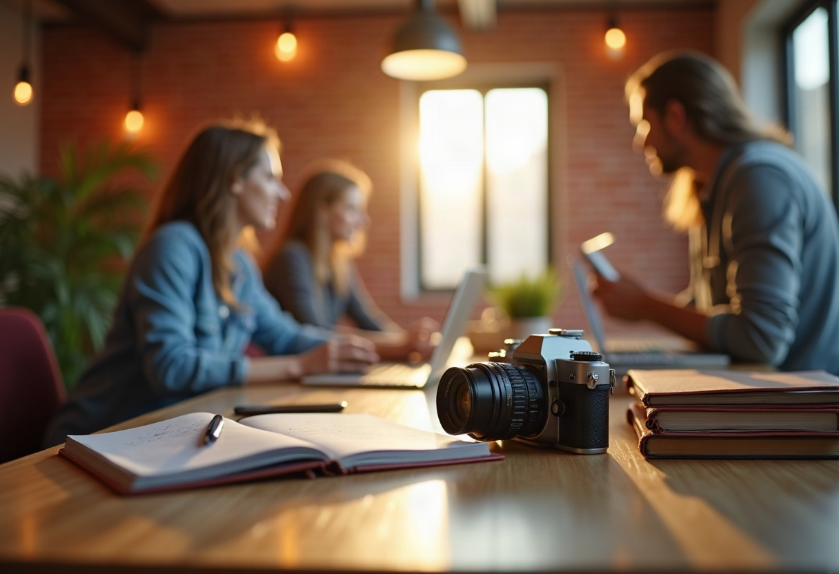 Espace de travail collaboratif lumineux d'une agence digitale avec technologies et documents créatifs