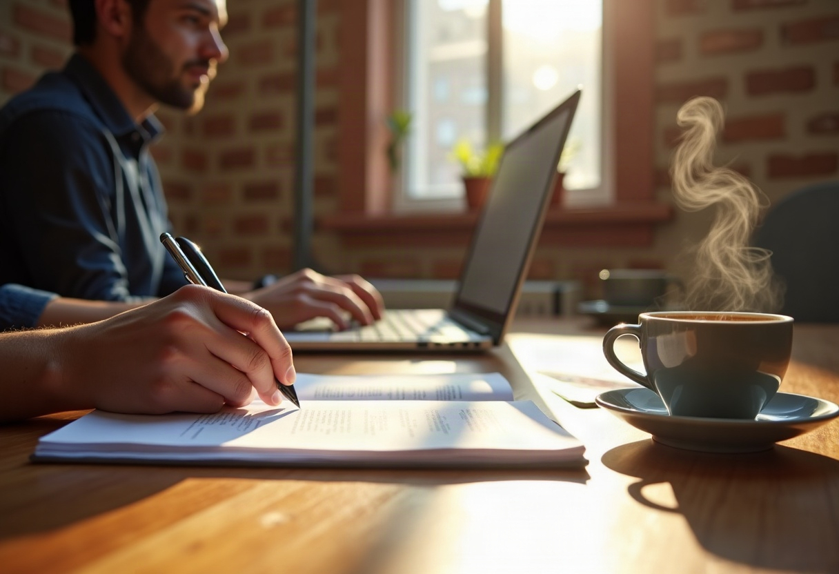 Mains d'un designer prenant des notes de conformité à côté d'un laptop dans un bureau lumineux.
