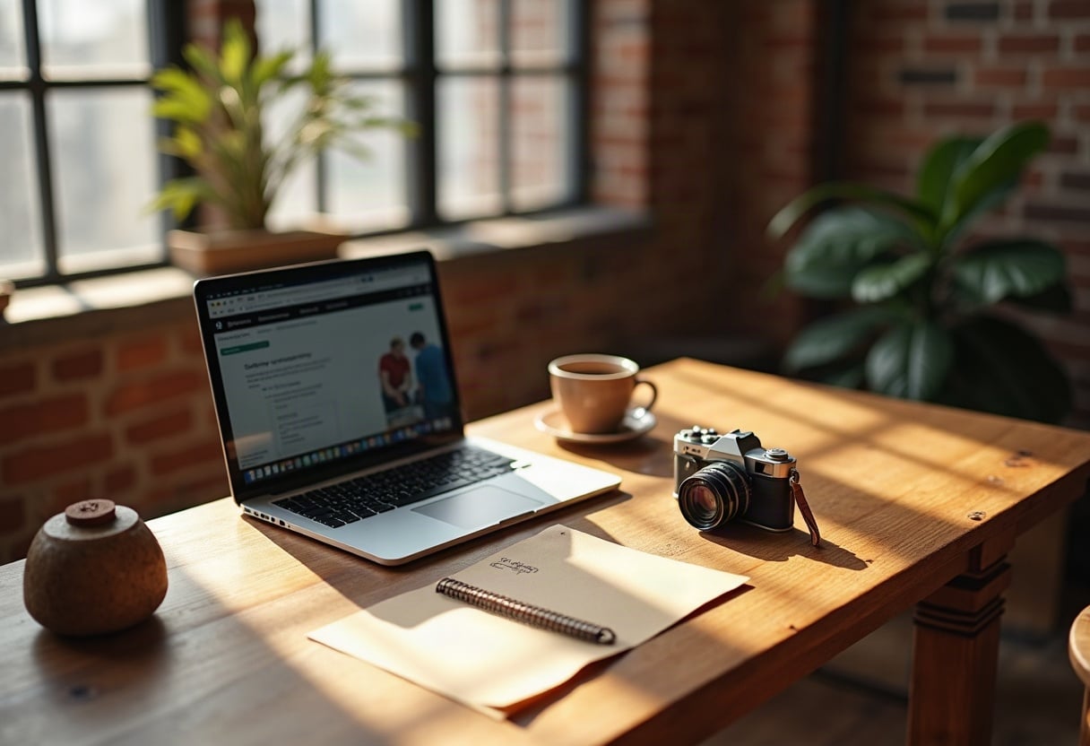 Bureau de designer vue de dessus : laptop, notes manuscrites, café. Lumière naturelle dorée, ambiance créative lilloise.